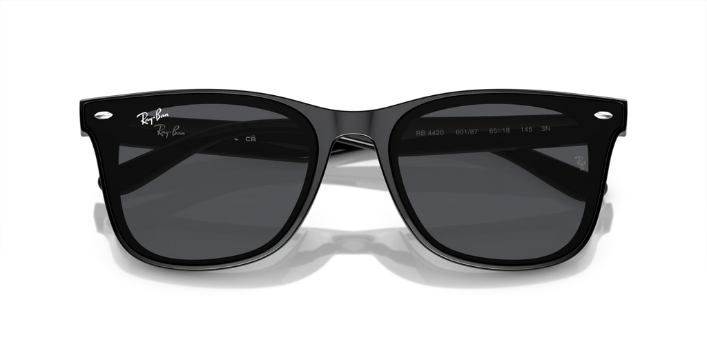 Ray-Ban RB4420 601/87 sunglasses with glossy black frame and grey lenses, top view
