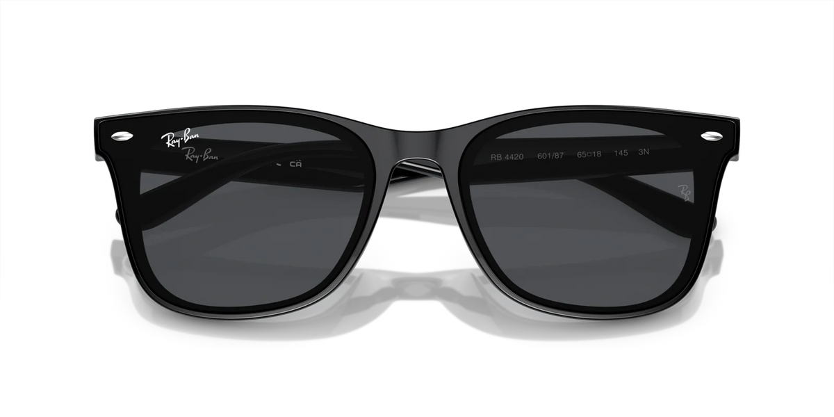 Ray-Ban RB4420 601/87 sunglasses with glossy black frame and grey lenses, top view