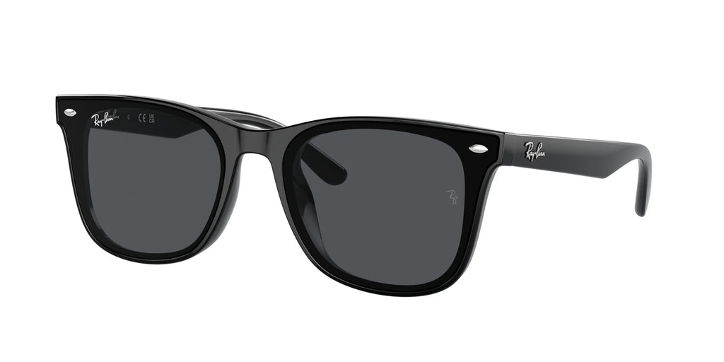 Ray-Ban RB4420 601/87 sunglasses with glossy black frame and grey lenses, side angle view