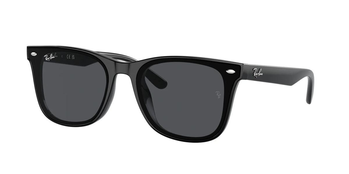 Ray-Ban RB4420 601/87 sunglasses with glossy black frame and grey lenses, side angle view